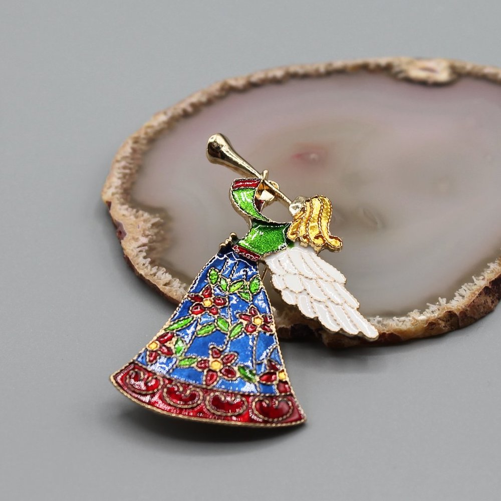 Angel Holidays Christmas pin brooch jewelry pendant necklace gold red green - Picture 2 of 12